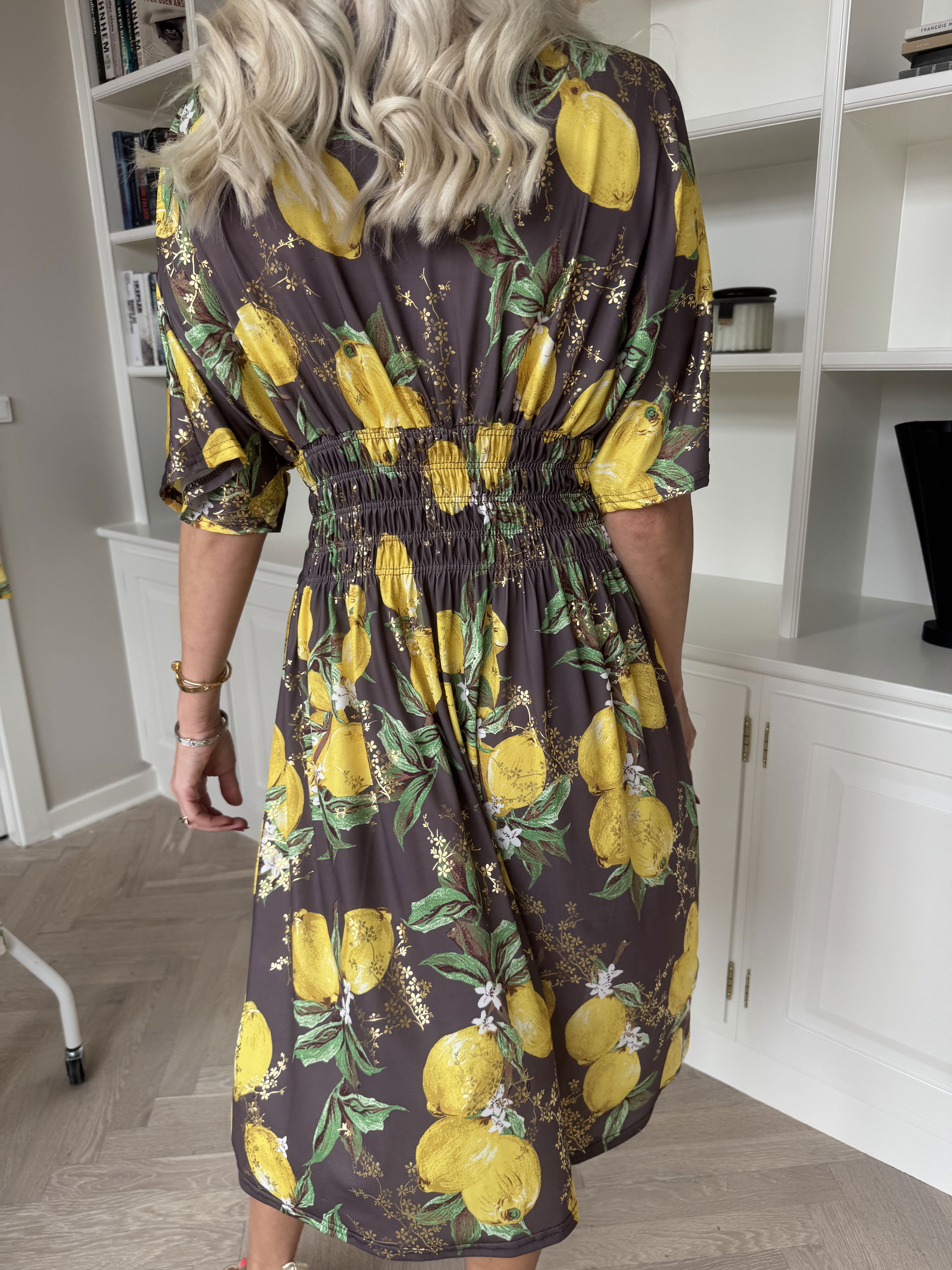 Pams Lemon Short - Elastisk klänning med citroner och gulddetaljer